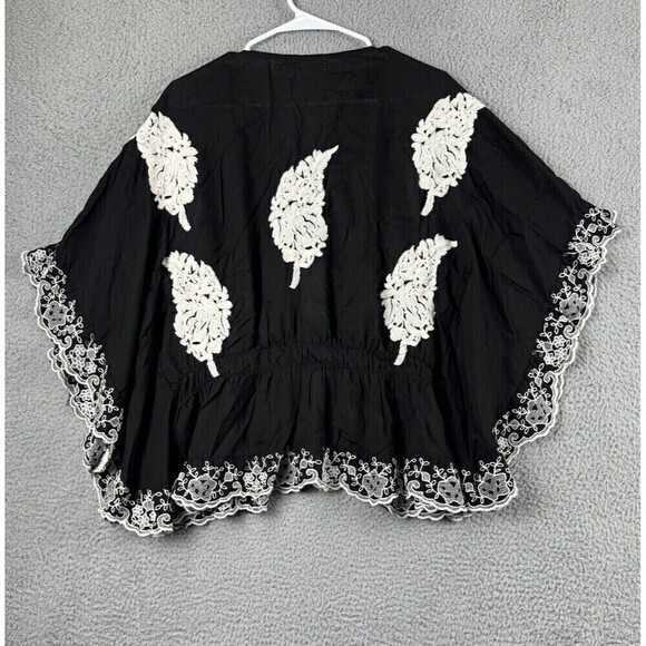Rancho Estancia Womens Shirt L Black Embroidered Feathers Blouse Top Tunic - Picture 2 of 10
